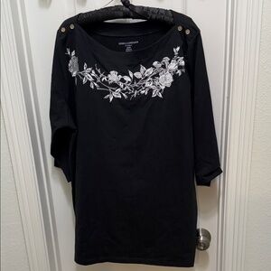 Jessica London Black Top with Cream Floral Embroidery 2X